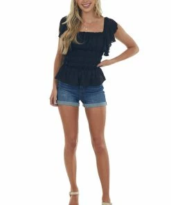 Davi & Dani Tops Black Flutter Sleeve Ruched Square Neck Blouse 10 Davi & Dani Tops Black Flutter Sleeve Ruched Square Neck Blouse