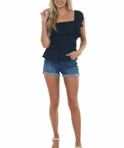 Davi & Dani Tops Black Flutter Sleeve Ruched Square Neck Blouse