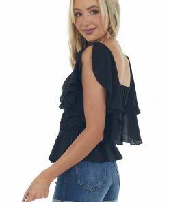 Davi & Dani Tops Black Flutter Sleeve Ruched Square Neck Blouse 11 Davi & Dani Tops Black Flutter Sleeve Ruched Square Neck Blouse