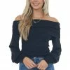 Peach Love Black Folded Off The Shoulder Puff Sleeve Ribbed Knit Top