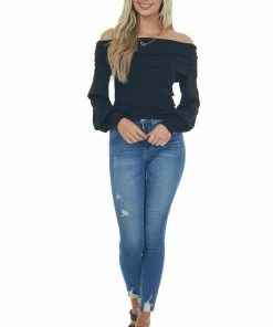 Peach Love Black Folded Off The Shoulder Puff Sleeve Ribbed Knit Top