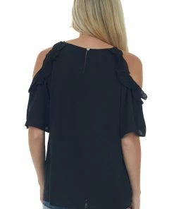 Staccato Tops Black Frill Cold Shoulder Short Sleeve Blouse 12 Staccato Tops Black Frill Cold Shoulder Short Sleeve Blouse