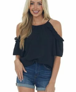 Staccato Tops Black Frill Cold Shoulder Short Sleeve Blouse