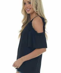 Staccato Tops Black Frill Cold Shoulder Short Sleeve Blouse 11 Staccato Tops Black Frill Cold Shoulder Short Sleeve Blouse