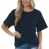 Listicle Black Front Knot Drop Shoulder Knit Tee