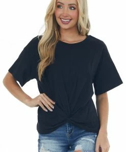 Listicle Black Front Knot Drop Shoulder Knit Tee