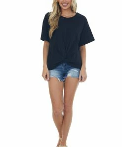 Listicle Black Front Knot Drop Shoulder Knit Tee