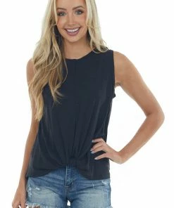 Lush Clothing Black Front Knot Lightweight Knit Tank Top