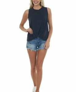 Lush Clothing Black Front Knot Lightweight Knit Tank Top