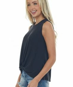 Lush Clothing Black Front Knot Lightweight Knit Tank Top