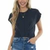 Lush Clothing Black Front Knot Short Sleeve Cropped Knit Top