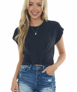 Lush Clothing Black Front Knot Short Sleeve Cropped Knit Top