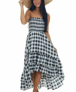 BiBi Black Gingham Smocked Strapless High Low Dress