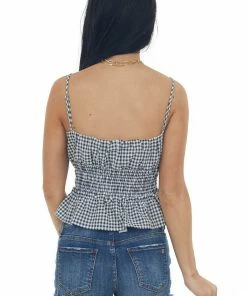 She + Sky Black Gingham Smocked Waist Front Tie Cami Top