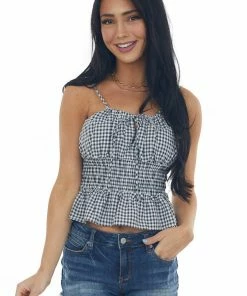 She + Sky Black Gingham Smocked Waist Front Tie Cami Top
