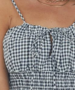 She + Sky Black Gingham Smocked Waist Front Tie Cami Top