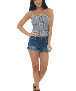 She + Sky Black Gingham Smocked Waist Front Tie Cami Top
