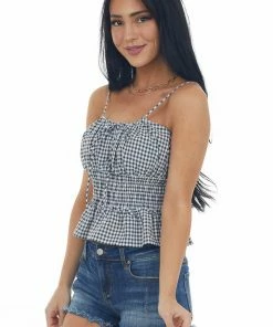 She + Sky Black Gingham Smocked Waist Front Tie Cami Top