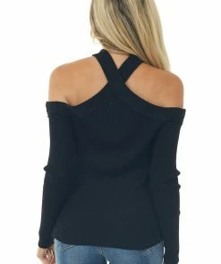 Lime Lush Black Halter Neck Cold Shoulder Ribbed Top