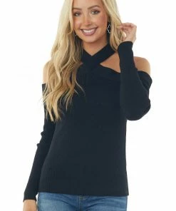 Lime Lush Black Halter Neck Cold Shoulder Ribbed Top