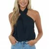 Glam Black Halter Neck Open Back Woven Tank Top