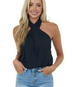 Glam Black Halter Neck Open Back Woven Tank Top