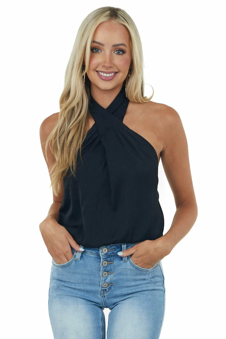 Glam Black Halter Neck Open Back Woven Tank Top 3 Glam Black Halter Neck Open Back Woven Tank Top