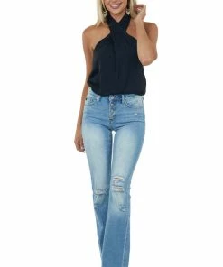 Glam Black Halter Neck Open Back Woven Tank Top