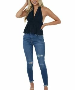 BiBi Black Halter Tie Plunging Neck Peplum Blouse