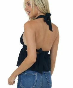 BiBi Black Halter Tie Plunging Neck Peplum Blouse