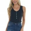 Vanilla Bay Black Henley Sleeveless Ribbed Knit Bodysuit Tops