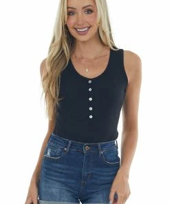 Vanilla Bay Black Henley Sleeveless Ribbed Knit Bodysuit Tops