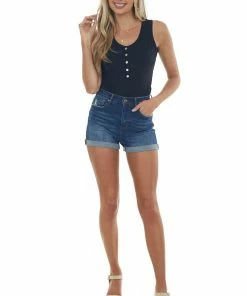 Vanilla Bay Black Henley Sleeveless Ribbed Knit Bodysuit Tops