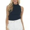 Eesome Tops Black High Neckline Ribbed Knit Tank Top