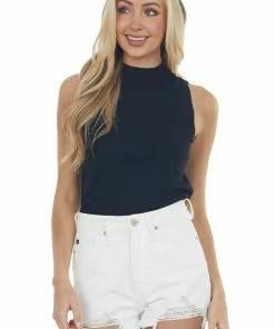 Eesome Tops Black High Neckline Ribbed Knit Tank Top