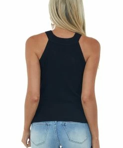 Miss Sparkling Black Knit Tank Top With Halter Neckline