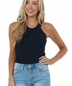 Miss Sparkling Black Knit Tank Top With Halter Neckline