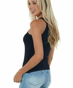 Miss Sparkling Black Knit Tank Top With Halter Neckline