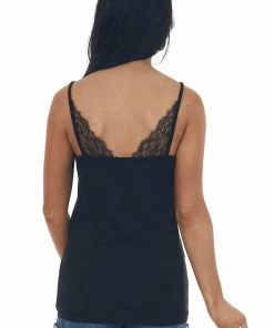 POL Clothing Tops Black Lace V Neck Ribbed Front Tie Tank Top