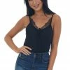 POL Clothing Tops Black Lace V Neck Ribbed Front Tie Tank Top