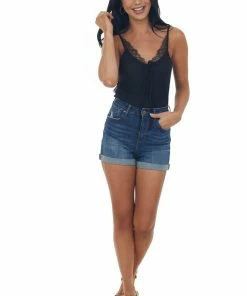 POL Clothing Tops Black Lace V Neck Ribbed Front Tie Tank Top