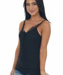 POL Clothing Tops Black Lace V Neck Ribbed Front Tie Tank Top