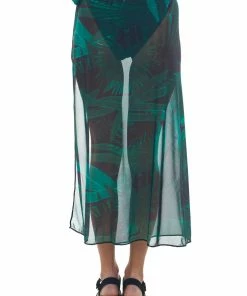 Davi & Dani Black Leaf Print Mesh Cover Up Maxi Wrap Skirt