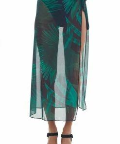 Davi & Dani Black Leaf Print Mesh Cover Up Maxi Wrap Skirt