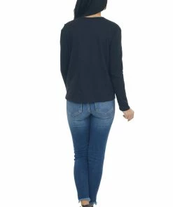 Charlotte Avery Black Long Sleeve Notch Neck Henley Top