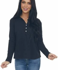 Charlotte Avery Black Long Sleeve Notch Neck Henley Top
