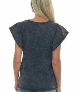 BiBi Black Mineral Wash Ruffle Sleeve Soft Knit Top Tops