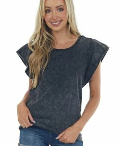 BiBi Black Mineral Wash Ruffle Sleeve Soft Knit Top Tops