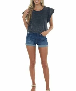 BiBi Black Mineral Wash Ruffle Sleeve Soft Knit Top Tops