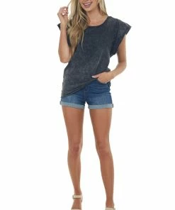 BiBi Black Mineral Wash Ruffle Sleeve Soft Knit Top Tops